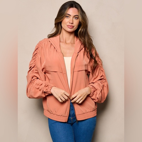 SALE! 024. WOMEN'S LONG RUCHED SLEEVES ZIP UP POCKETS HOODED JACKET - Picture 2 of 4